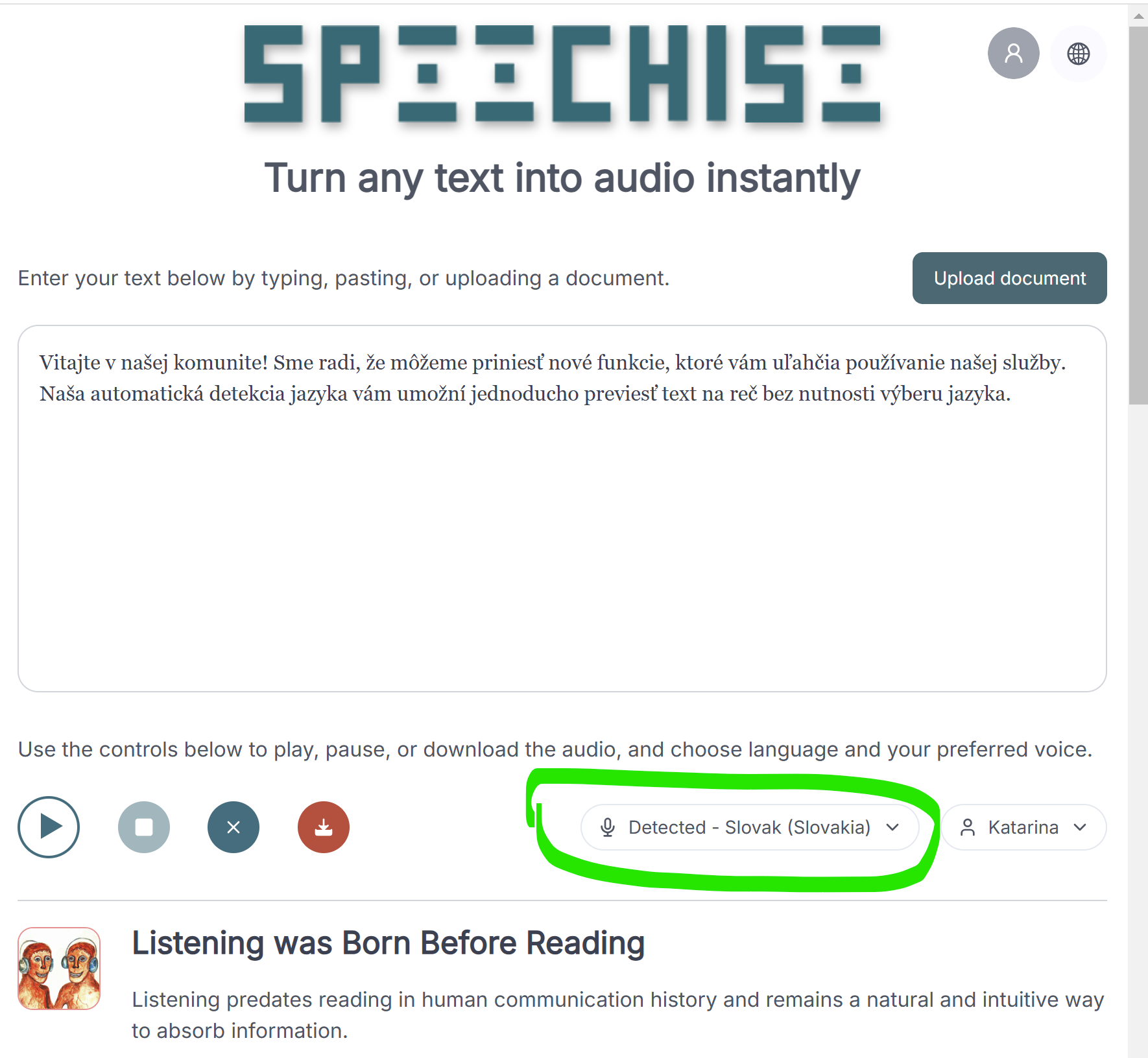 Screenshot of Speechise UI showing the language autodetection working